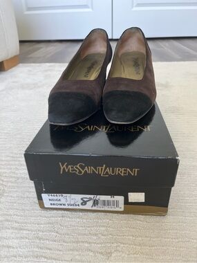 Yves Saint Laurent Brown Suede Two-Tone Flats with Black Cap